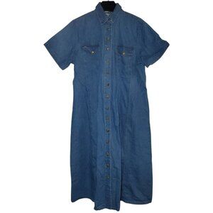 VTG 90s Switch Denim Shirt Dress Button-Front Short-Sleeve Collared Maxi Pockets